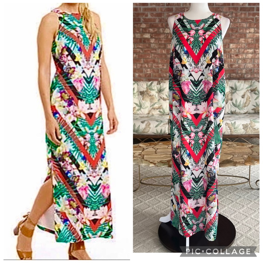 Gibson Latimer Black Red Floral Tropical High Neck Sleeveless Maxi Dress L